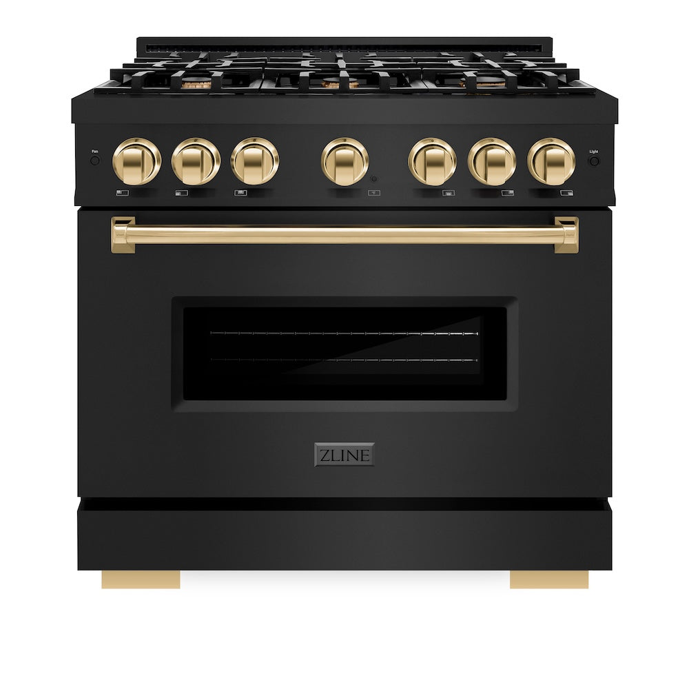 ZLINE Autograph Edition 36 in. 5.2 cu. ft. Classic Dual Fuel Range with 6 Burner Gas Cooktop and Electric Convection Oven in Black Stainless Steel with Polished Gold Accents, Open Box-Good Condition
