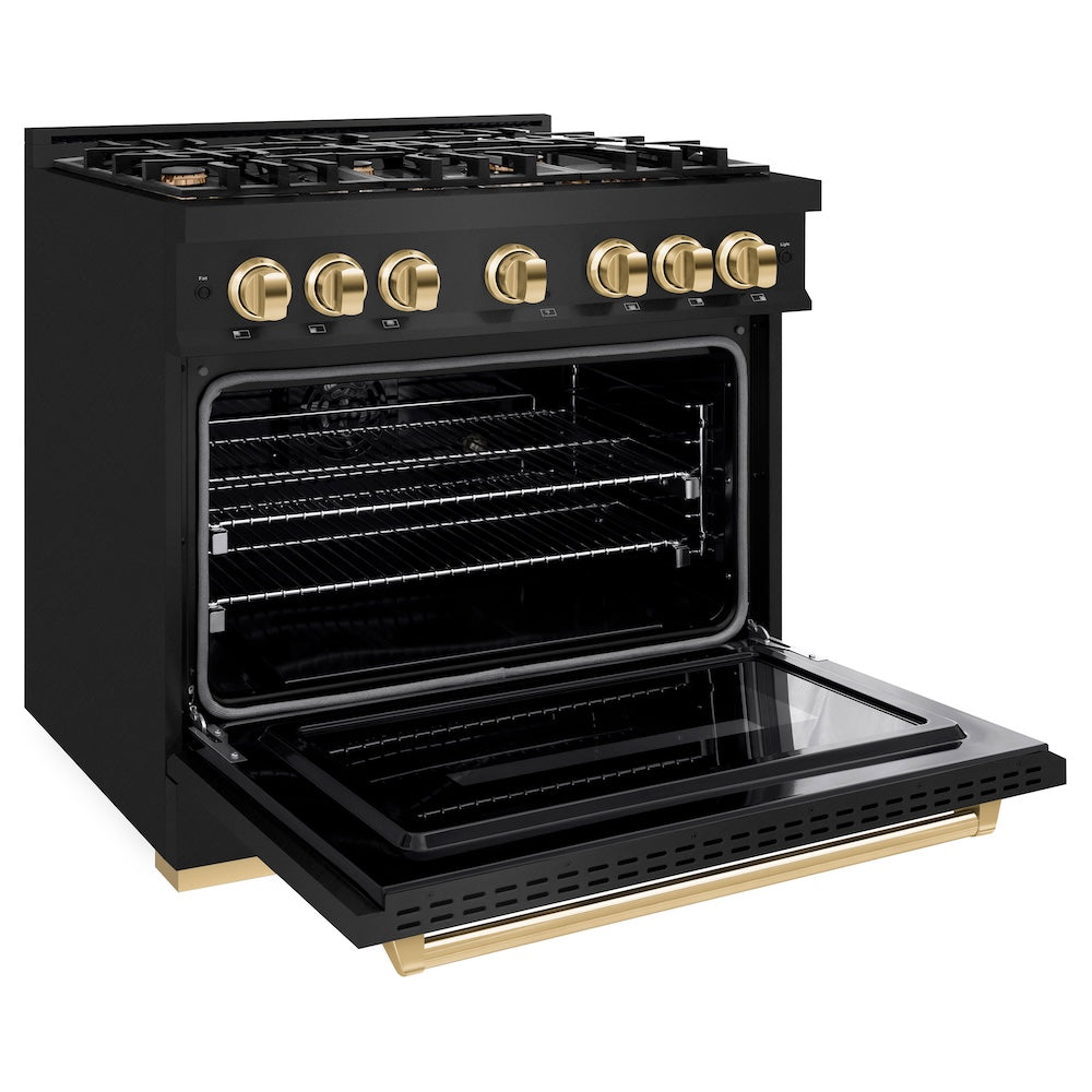 ZLINE Autograph Edition 36 in. 5.2 cu. ft. Classic Dual Fuel Range with 6 Burner Gas Cooktop and Electric Convection Oven in Black Stainless Steel with Polished Gold Accents, Open Box-Good Condition