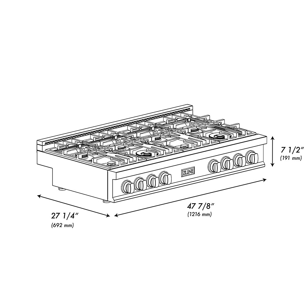 ZLINE 48 in. Classic Gas Rangetop with 8 Burners and Porcelain Cooktop in Black Stainless Steel (RTB2-48) dimensional diagram.
