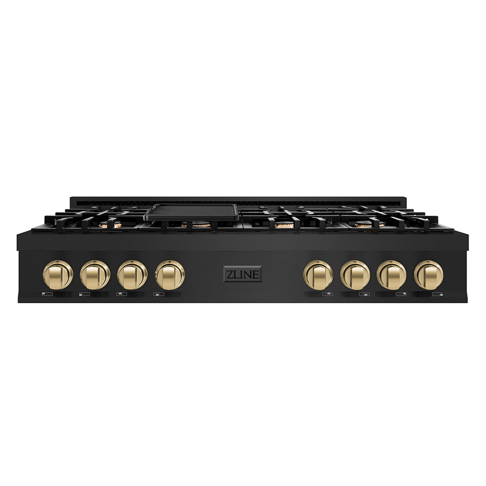 ZLINE Autograph Edition 48 in. Classic Gas Rangetop with 8 Burners and Porcelain Cooktop in Black Stainless Steel with Champagne Bronze Accents (RTBZ-48-CB) main image.