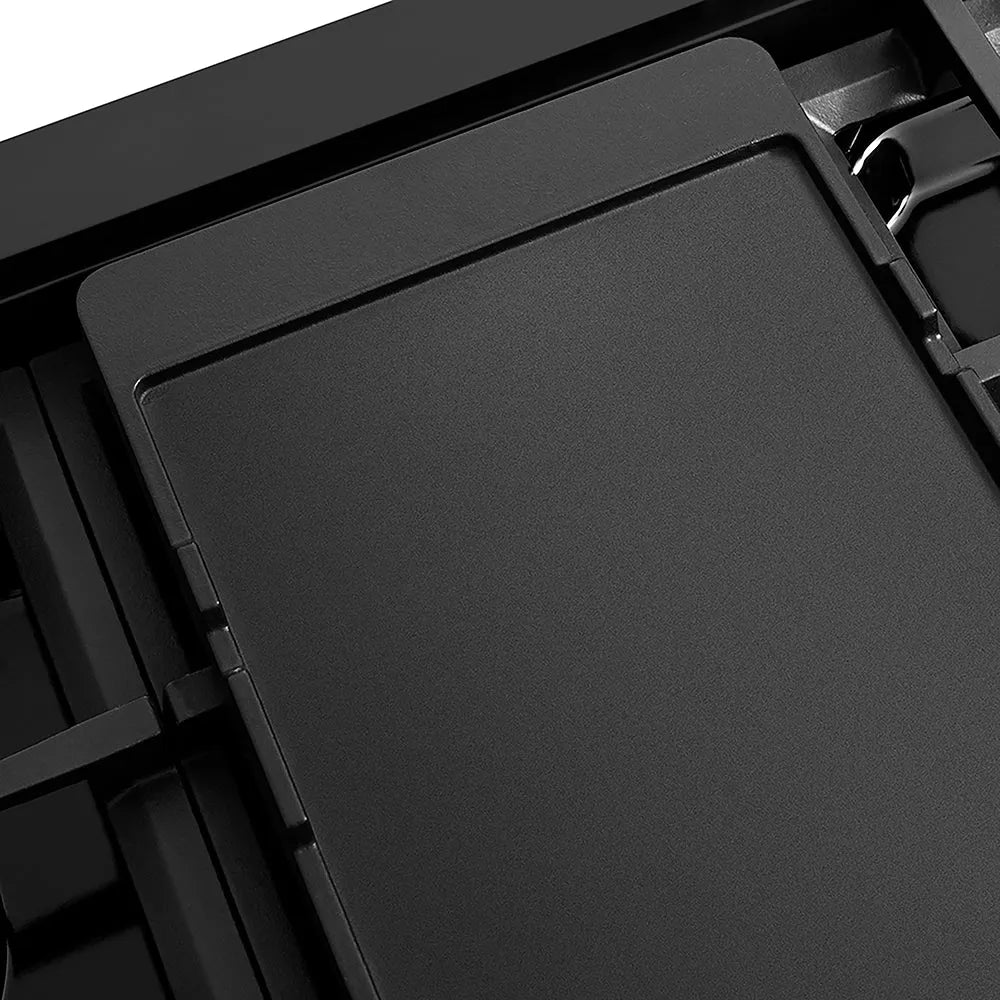 ZLINE Autograph Edition 48 in. Classic Gas Rangetop with 8 Burners and Porcelain Cooktop in Black Stainless Steel with Polished Gold Accents (RTBZ-48-G) reversible griddle flat side.