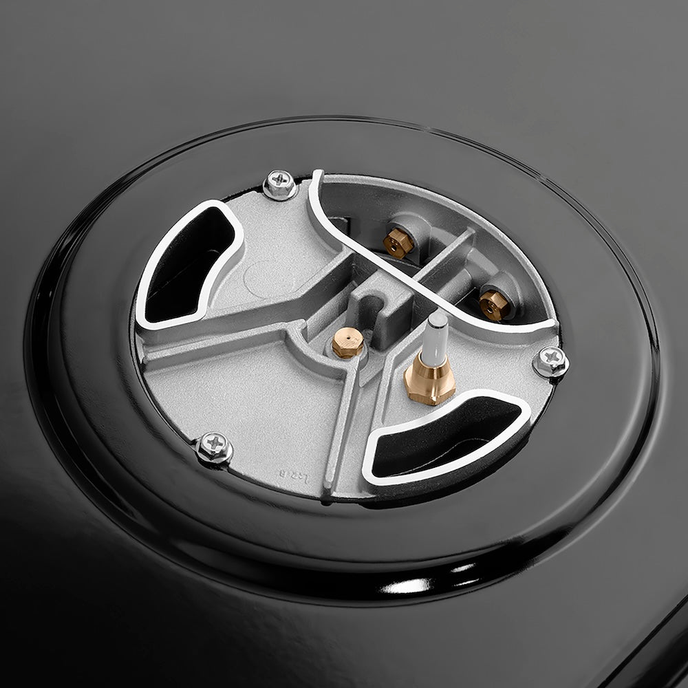 ZLINE 36 in. Classic Gas Rangetop with 6 Burner DuoPro™ Cooktop in Black Stainless Steel (PCRTB-36) under DuoPro™ brass burner close-up showing dual-port design.