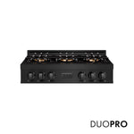 ZLINE 36 in. Classic Gas Rangetop with 6 Burner DuoPro™ Cooktop in Black Stainless Steel (PCRTB-36) front, with DuoPro™ logo.