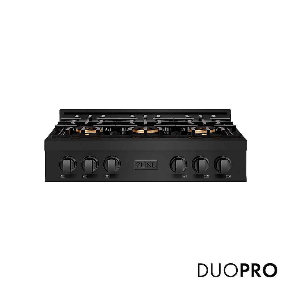 ZLINE 36 in. Classic Gas Rangetop with 6 Burner DuoPro™ Cooktop in Black Stainless Steel (PCRTB-36) front, with DuoPro™ logo.