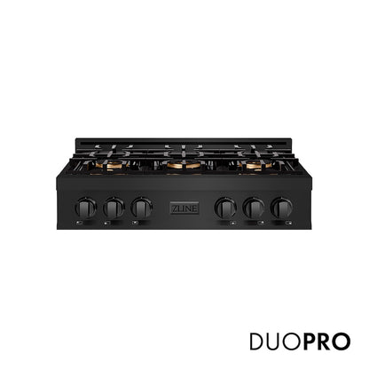 ZLINE 36 in. Classic Gas Rangetop with 6 Burner DuoPro™ Cooktop in Black Stainless Steel (PCRTB-36) front, with DuoPro™ logo.