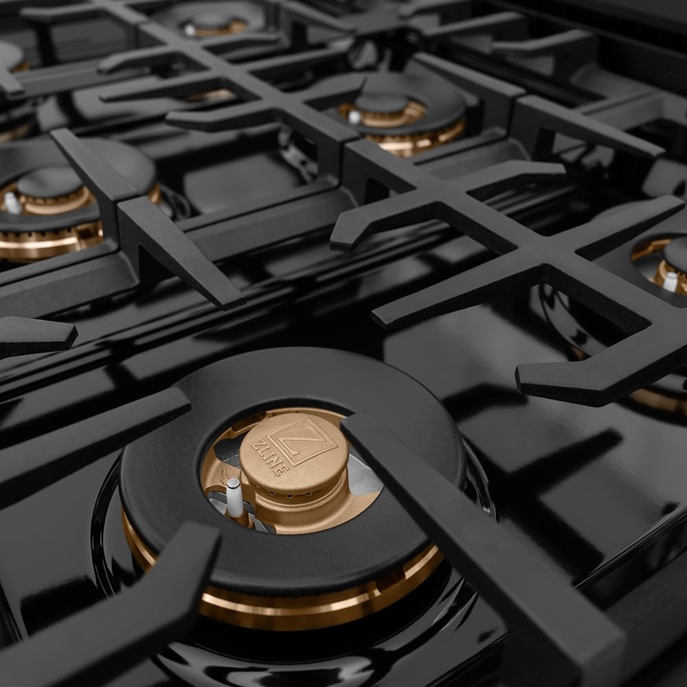 ZLINE 48 in. Classic Gas Rangetop with 8 Burner DuoPro™ Cooktop in Black Stainless Steel (PCRTB-48) burner spread and grates.