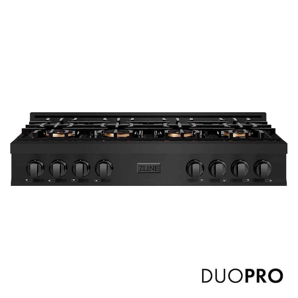 ZLINE 48 in. Classic Gas Rangetop with 8 Burner DuoPro™ Cooktop in Black Stainless Steel (PCRTB-48) front, with DuoPro™ logo.