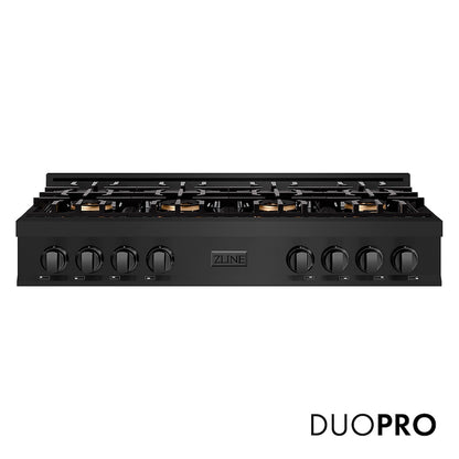 ZLINE 48 in. Classic Gas Rangetop with 8 Burner DuoPro™ Cooktop in Black Stainless Steel (PCRTB-48) front, with DuoPro™ logo.