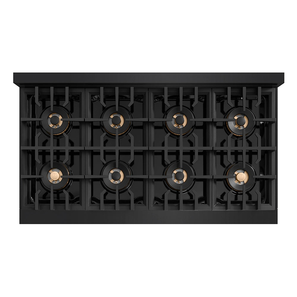 ZLINE 48 in. Classic Gas Rangetop with 8 Burner DuoPro™ Cooktop in Black Stainless Steel (PCRTB-48) top down, above cooktop.
