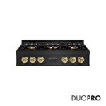 ZLINE Autograph Edition 36 in. Classic Gas Rangetop with 6 Burner DuoPro™ Cooktop in Black Stainless Steel and Champagne Bronze Accents (PCRTBZ-36-CB) front, with DuoPro™ logo.