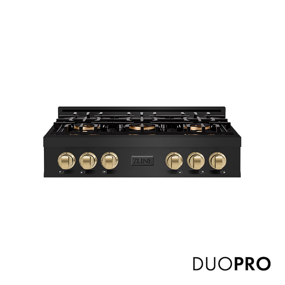 ZLINE Autograph Edition 36 in. Classic Gas Rangetop with 6 Burner DuoPro™ Cooktop in Black Stainless Steel and Champagne Bronze Accents (PCRTBZ-36-CB) front, with DuoPro™ logo.