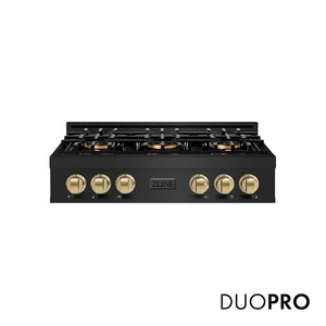 ZLINE Autograph Edition 36 in. Classic Gas Rangetop with 6 Burner DuoPro™ Cooktop in Black Stainless Steel and Champagne Bronze Accents (PCRTBZ-36-CB) main image.