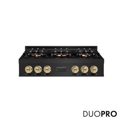 ZLINE Autograph Edition 36 in. Classic Gas Rangetop with 6 Burner DuoPro™ Cooktop in Black Stainless Steel and Champagne Bronze Accents (PCRTBZ-36-CB) front, with DuoPro™ logo.