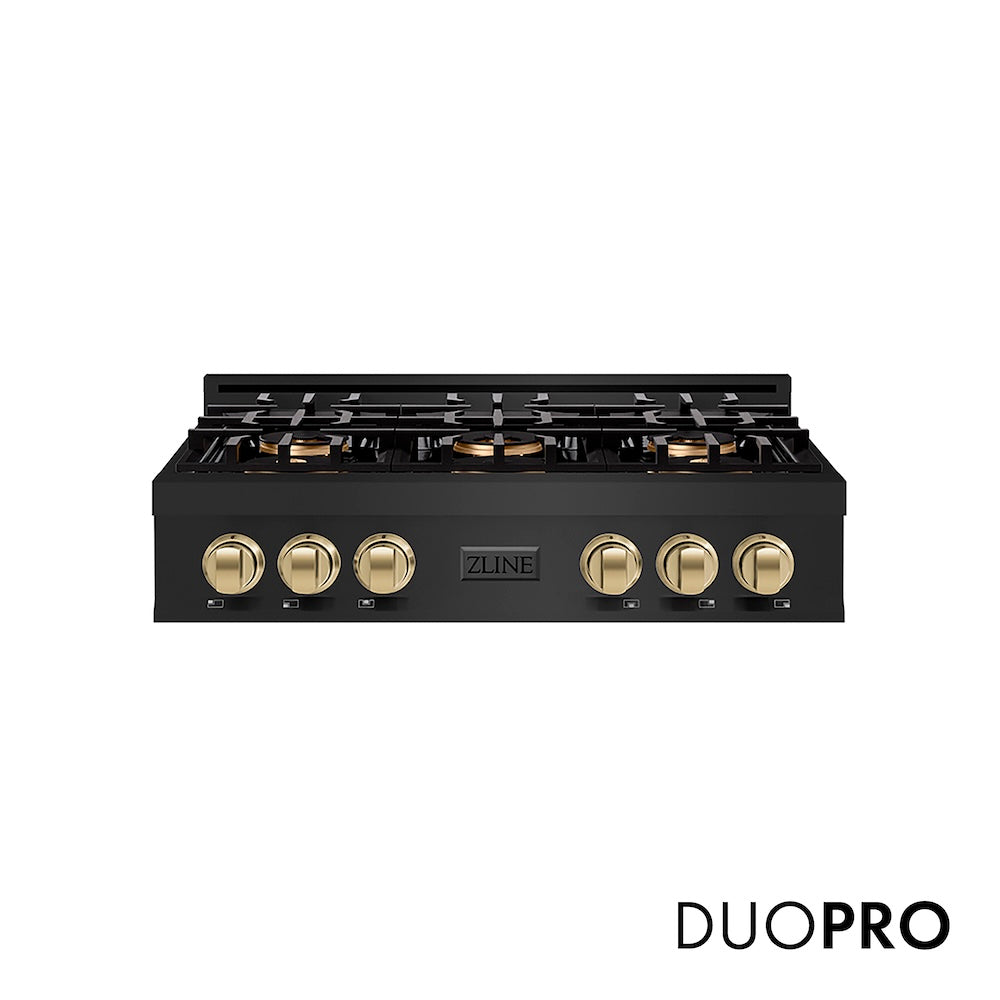 ZLINE Autograph Edition 36 in. Classic Gas Rangetop with 6 Burner DuoPro™ Cooktop in Black Stainless Steel and Champagne Bronze Accents, Open Box-Good Condition