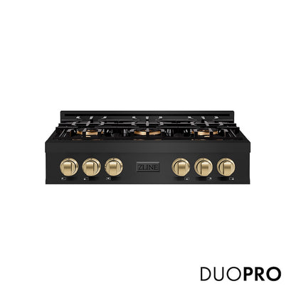ZLINE Autograph Edition 36 in. Classic Gas Rangetop with 6 Burner DuoPro™ Cooktop in Black Stainless Steel and Champagne Bronze Accents, Open Box-Good Condition