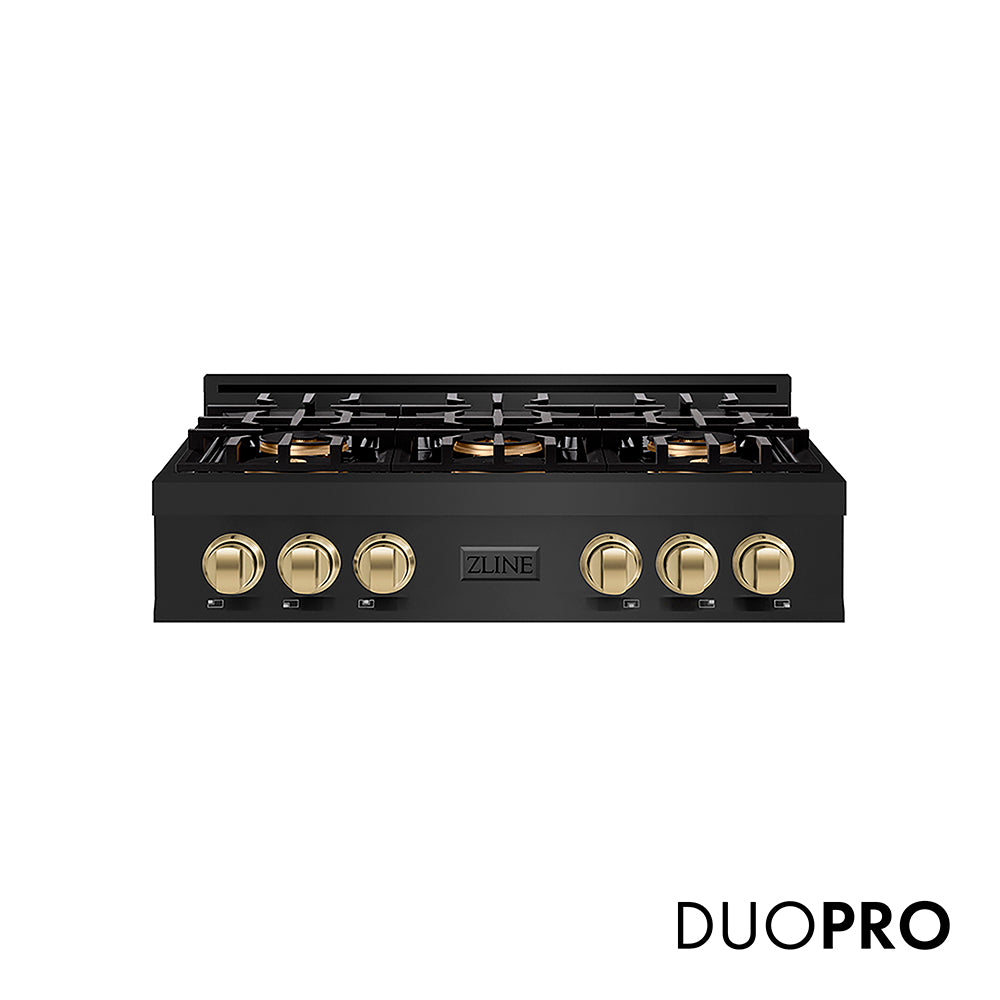 ZLINE Autograph Edition 36 in. Classic Gas Rangetop with 6 Burner DuoPro™ Cooktop in Black Stainless Steel and Champagne Bronze Accents, Open Box-Great Condition main image.