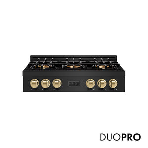 ZLINE Autograph Edition 36 in. Classic Gas Rangetop with 6 Burner DuoPro™ Cooktop in Black Stainless Steel and Champagne Bronze Accents, Open Box-Great Condition main image.