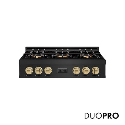 ZLINE Autograph Edition 36 in. Classic Gas Rangetop with 6 Burner DuoPro™ Cooktop in Black Stainless Steel and Champagne Bronze Accents, Open Box-Great Condition