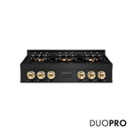 ZLINE Autograph Edition 36 in. Classic Gas Rangetop with 6 Burner DuoPro™ Cooktop in Black Stainless Steel and Polished Gold Accents (PCRTBZ-36-G) front, with DuoPro™ logo.