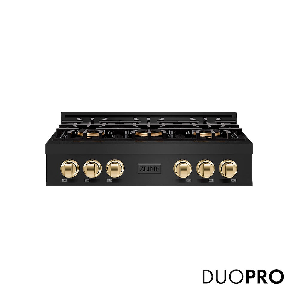 ZLINE Autograph Edition 36 in. Classic Gas Rangetop with 6 Burner DuoPro™ Cooktop in Black Stainless Steel and Polished Gold Accents (PCRTBZ-36-G) front, with DuoPro™ logo.