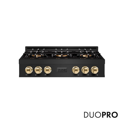 ZLINE Autograph Edition 36 in. Classic Gas Rangetop with 6 Burner DuoPro™ Cooktop in Black Stainless Steel and Polished Gold Accents (PCRTBZ-36-G) front, with DuoPro™ logo.