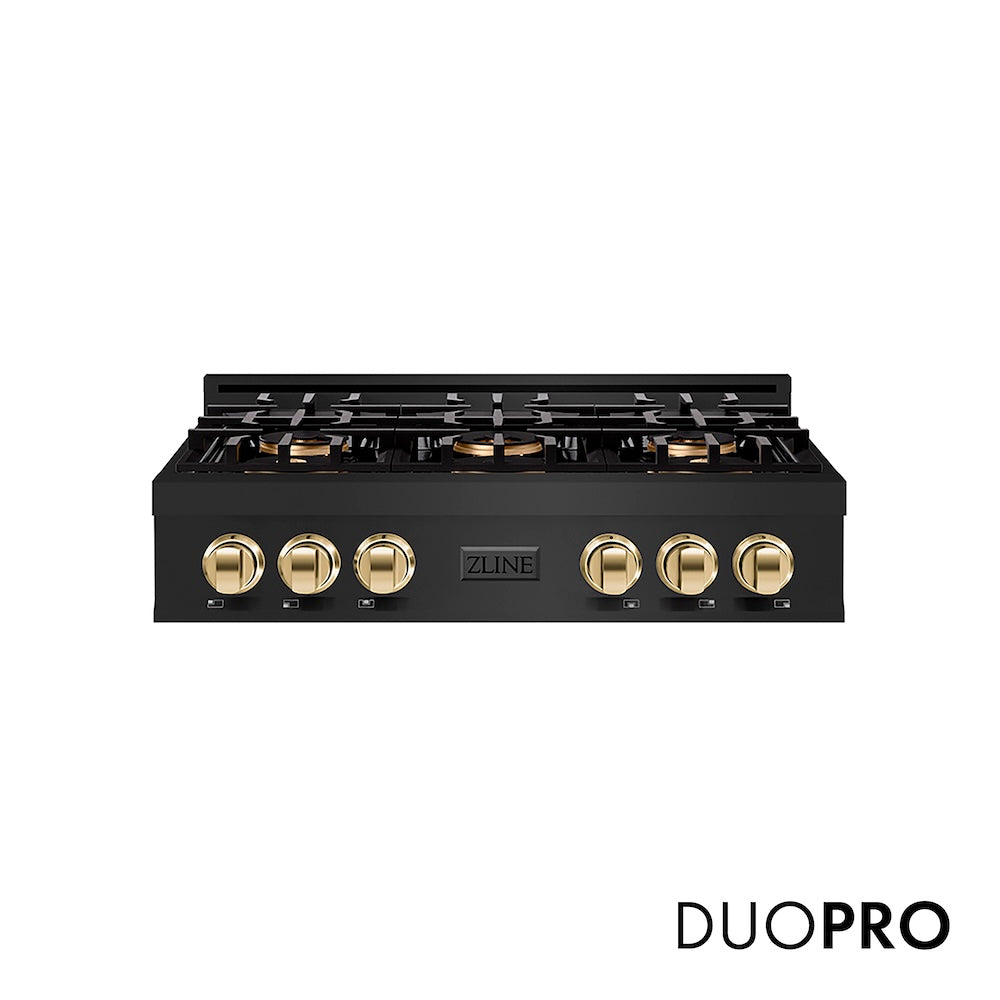 ZLINE Autograph Edition 36 in. Classic Gas Rangetop with 6 Burner DuoPro™ Cooktop in Black Stainless Steel and Polished Gold Accents, Open Box-Good Condition