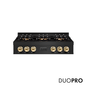 ZLINE Autograph Edition 36 in. Classic Gas Rangetop with 6 Burner DuoPro™ Cooktop in Black Stainless Steel and Polished Gold Accents, Open Box-Good Condition main image.