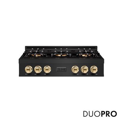 ZLINE Autograph Edition 36 in. Classic Gas Rangetop with 6 Burner DuoPro™ Cooktop in Black Stainless Steel and Polished Gold Accents, Open Box-Good Condition