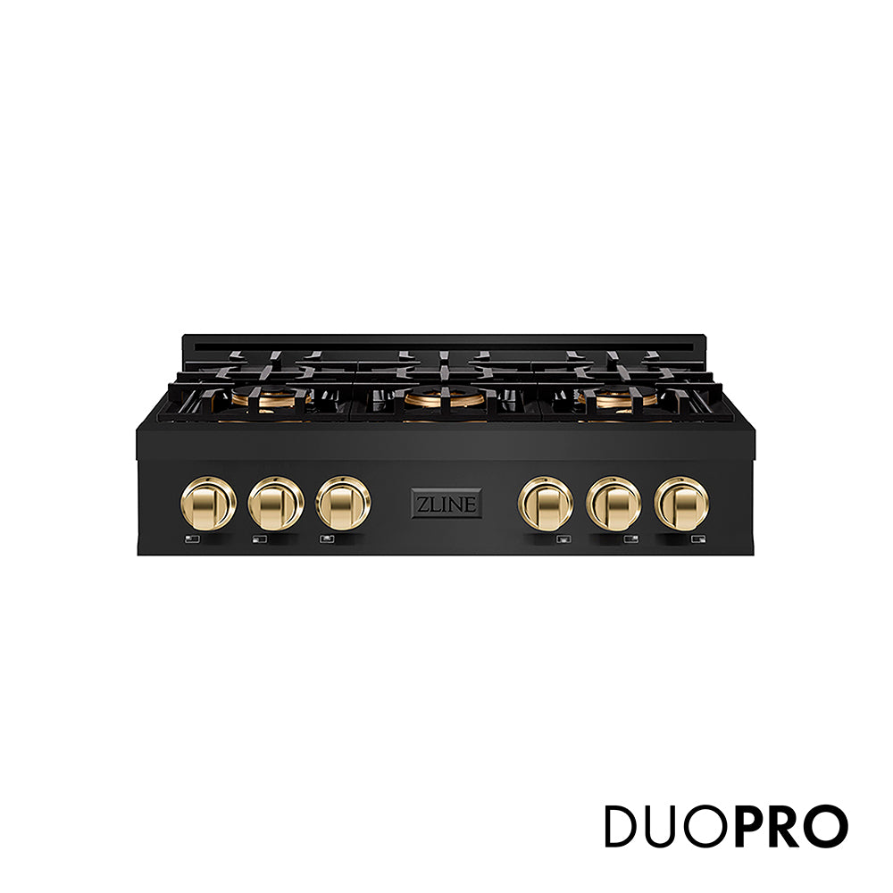 ZLINE Autograph Edition 36 in. Classic Gas Rangetop with 6 Burner DuoPro™ Cooktop in Black Stainless Steel and Polished Gold Accents, Open Box-Great Condition main image.