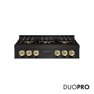 ZLINE Autograph Edition 36 in. Classic Gas Rangetop with 6 Burner DuoPro™ Cooktop in Black Stainless Steel and Polished Gold Accents, Open Box-Great Condition main image.