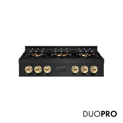 ZLINE Autograph Edition 36 in. Classic Gas Rangetop with 6 Burner DuoPro™ Cooktop in Black Stainless Steel and Polished Gold Accents, Open Box-Great Condition
