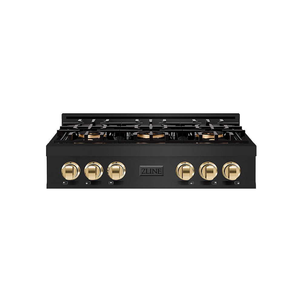 ZLINE Autograph Edition 36 in. Classic Gas Rangetop with 6 Burner DuoPro™ Cooktop in Black Stainless Steel and Polished Gold Accents, Open Box-Good Condition