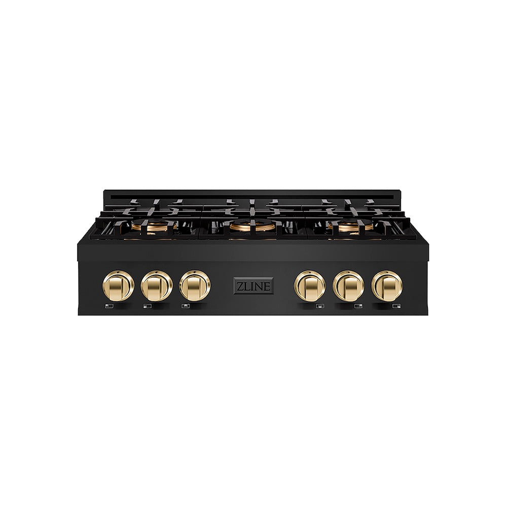 ZLINE Autograph Edition 36 in. Classic Gas Rangetop with 6 Burner DuoPro™ Cooktop in Black Stainless Steel and Polished Gold Accents (PCRTBZ-36-G) front.