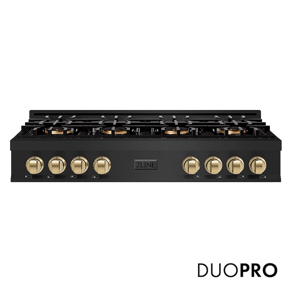 ZLINE Autograph Edition 48 in. Classic Gas Rangetop with 8 Burner DuoPro™ Cooktop in Black Stainless Steel and Champagne Bronze Accents (PCRTBZ-48-CB) front, with DuoPro™ logo.
