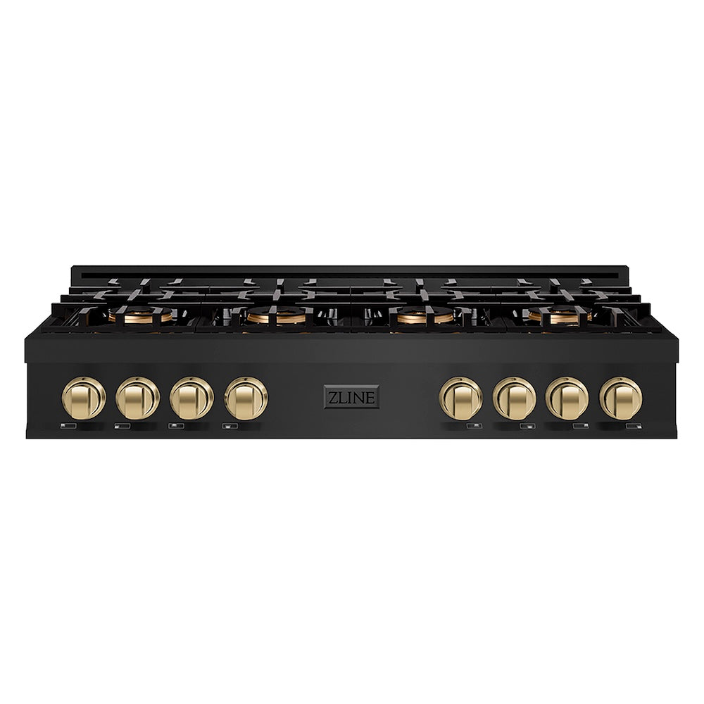 ZLINE Autograph Edition 48 in. Classic Gas Rangetop with 8 Burner DuoPro™ Cooktop in Black Stainless Steel and Champagne Bronze Accents (PCRTBZ-48-CB) front.