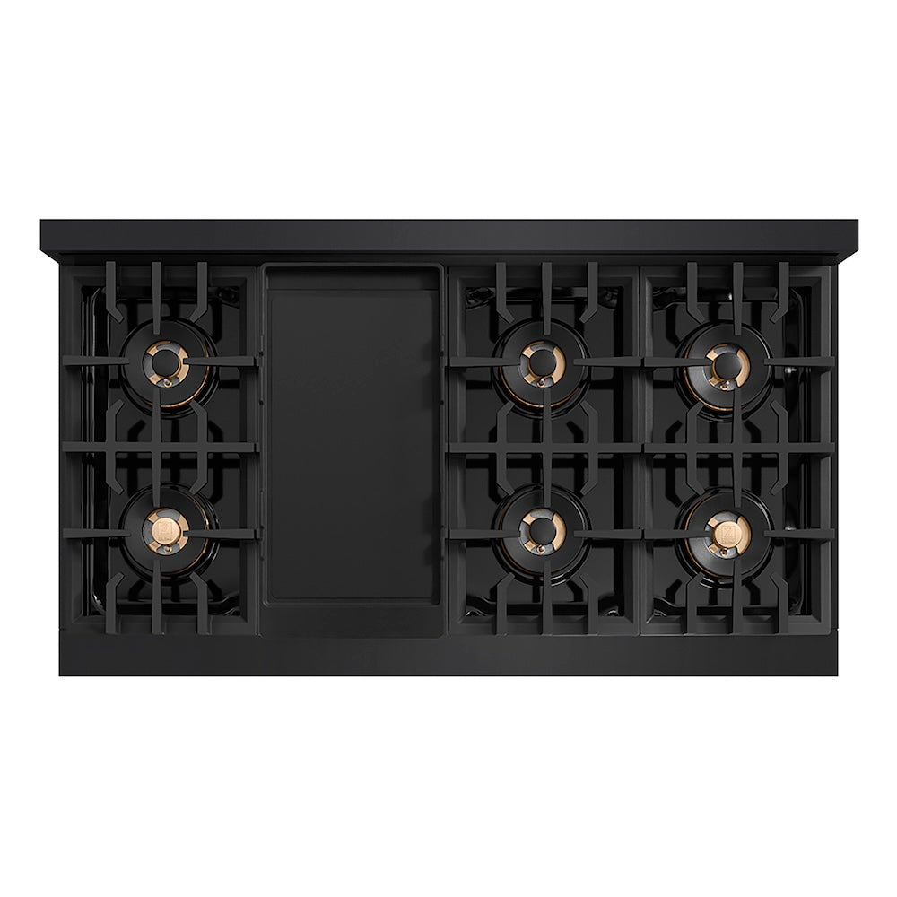 ZLINE Autograph Edition 48 in. Classic Gas Rangetop with 8 Burner DuoPro™ Cooktop in Black Stainless Steel and Champagne Bronze Accents (PCRTBZ-48-CB) top-down, above cooktop.
