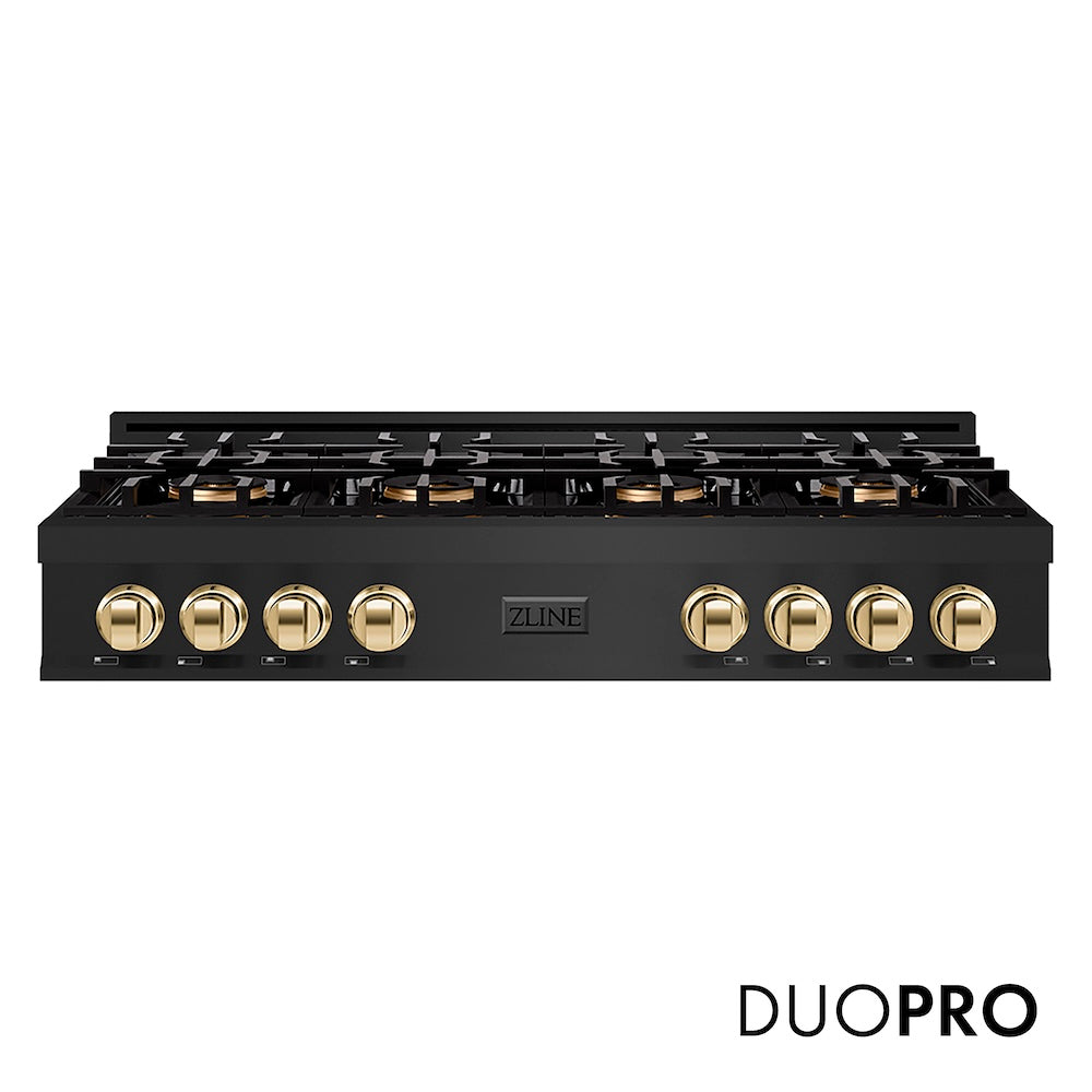 ZLINE Autograph Edition 48 in. Classic Gas Rangetop with 8 Burner DuoPro™ Cooktop in Black Stainless Steel and Polished Gold Accents (PCRTBZ-48-G) front, with DuoPro™ logo.