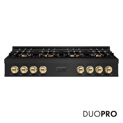 ZLINE Autograph Edition 48 in. Classic Gas Rangetop with 8 Burner DuoPro™ Cooktop in Black Stainless Steel and Polished Gold Accents (PCRTBZ-48-G) front, with DuoPro™ logo.