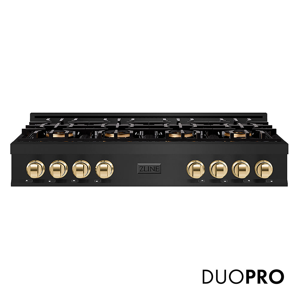 ZLINE Autograph Edition 48 in. Classic Gas Rangetop with 8 Burner DuoPro™ Cooktop in Black Stainless Steel and Polished Gold Accents, Open Box-Great Condition main image.