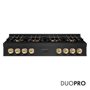 ZLINE Autograph Edition 48 in. Classic Gas Rangetop with 8 Burner DuoPro™ Cooktop in Black Stainless Steel and Polished Gold Accents, Open Box-Good Condition main image.