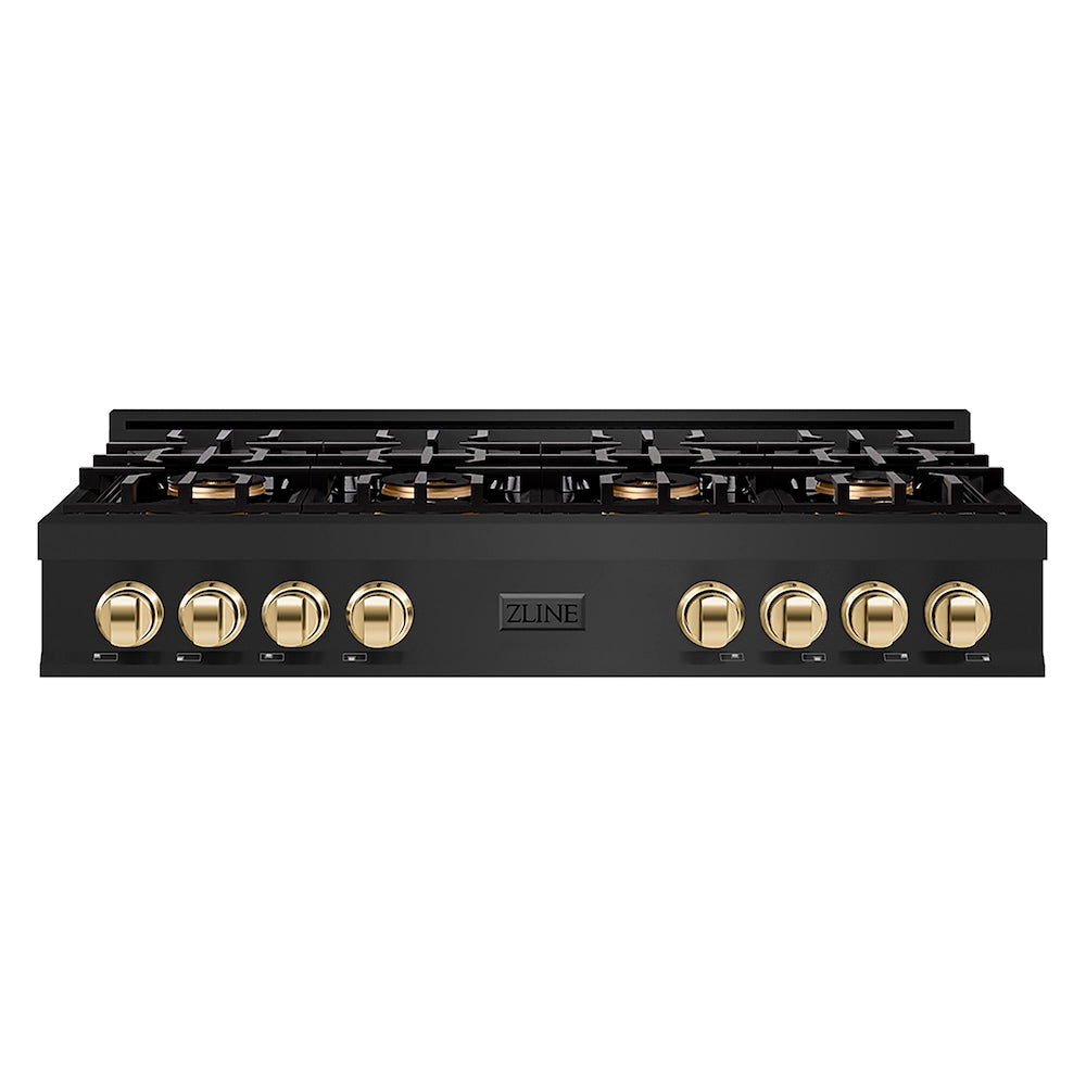 ZLINE Autograph Edition 48 in. Classic Gas Rangetop with 8 Burner DuoPro™ Cooktop in Black Stainless Steel and Polished Gold Accents (PCRTBZ-48-G) front.