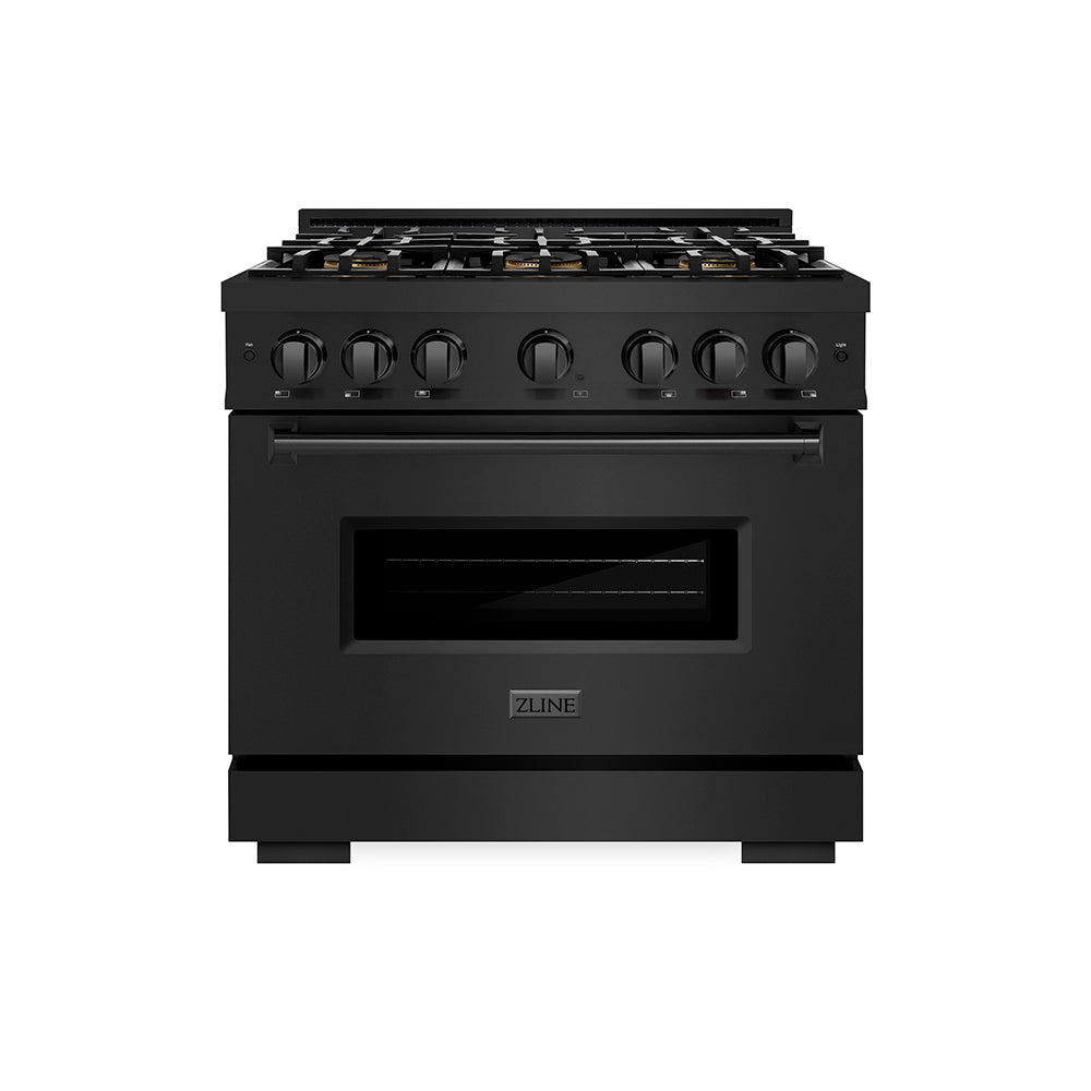 ZLINE 36 in. 5.2 cu. ft. Classic Dual Fuel Range with 6 Burner DuoPro™ Cooktop and Electric Convection Oven in Black Stainless Steel (PCDRB-36) front, oven closed.