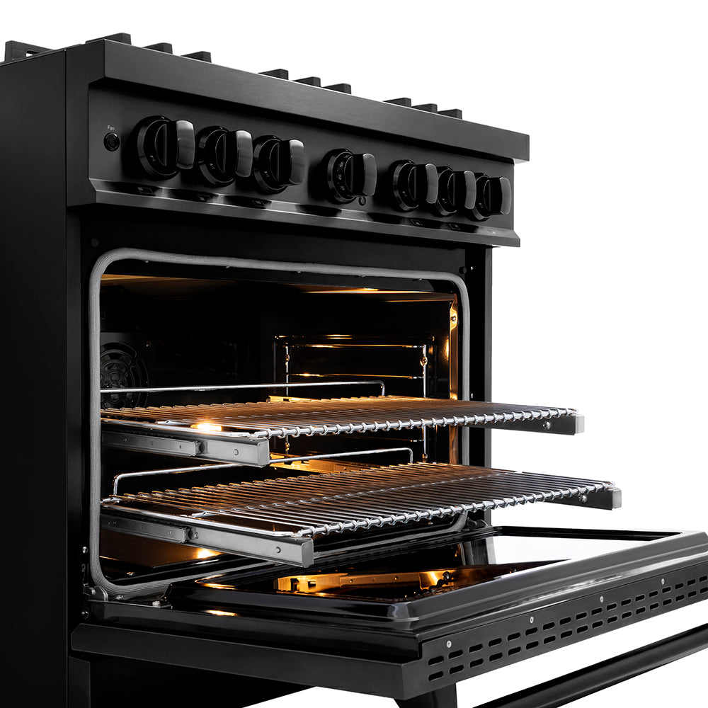 ZLINE 36 in. 5.2 cu. ft. Classic Dual Fuel Range with 6 Burner DuoPro™ Cooktop and Electric Convection Oven in Black Stainless Steel, Open Box-Great Condition