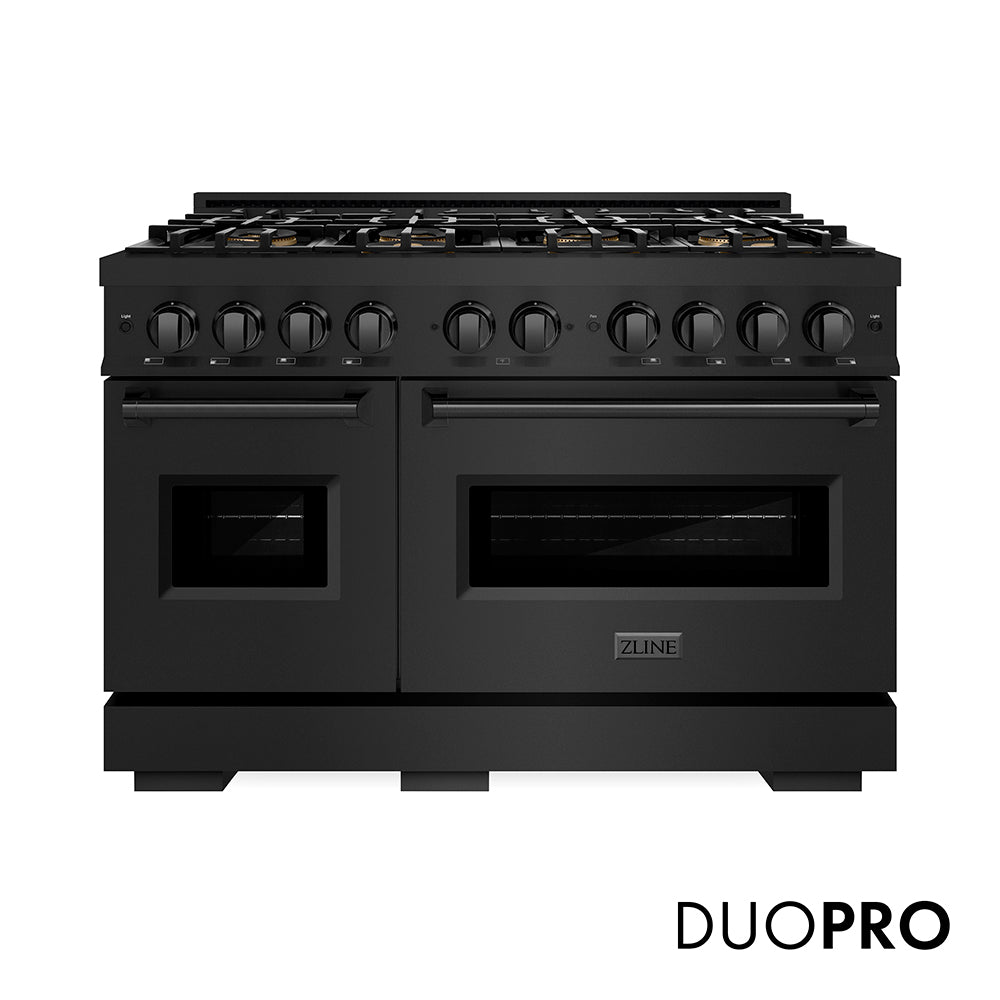 ZLINE 48 in. 6.7 cu. ft. Classic Dual Fuel Range with 8 Burner DuoPro™ Cooktop and Dual Ovens in Black Stainless Steel, Open Box-Great Condition