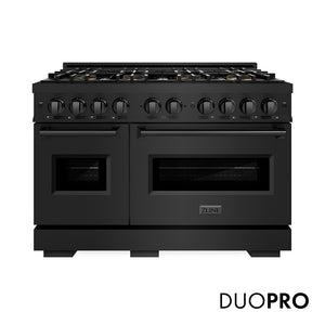 ZLINE 48 in. 6.7 cu. ft. Classic Dual Fuel Range with 8 Burner DuoPro™ Cooktop and Dual Ovens in Black Stainless Steel (PCDRB-48) main image.