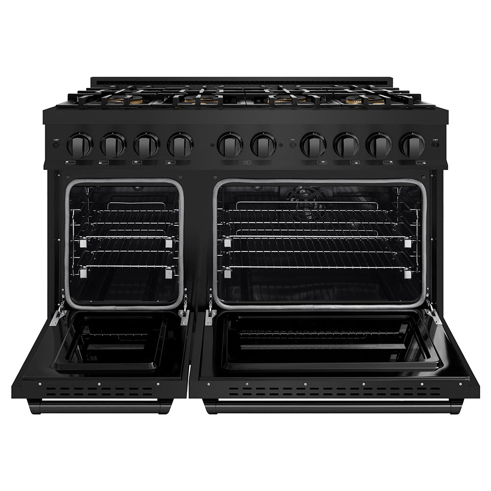ZLINE 48 in. 6.7 cu. ft. Classic Dual Fuel Range with 8 Burner DuoPro™ Cooktop and Dual Ovens in Black Stainless Steel, Open Box-Great Condition