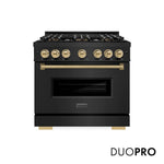 ZLINE Autograph Edition 36 in. 5.2 cu. ft. Classic Dual Fuel Range with 6 Burner DuoPro™ Cooktop and Electric Convection Oven in Black Stainless Steel and Champagne Bronze Accents, Open Box-Great Condition