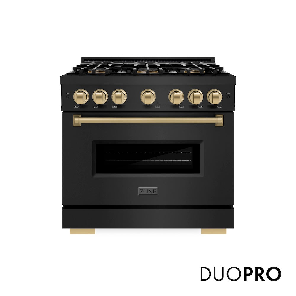 ZLINE Autograph Edition 36 in. 5.2 cu. ft. Classic Dual Fuel Range with 6 Burner DuoPro™ Cooktop and Electric Convection Oven in Black Stainless Steel and Champagne Bronze Accents, Open Box-Great Condition