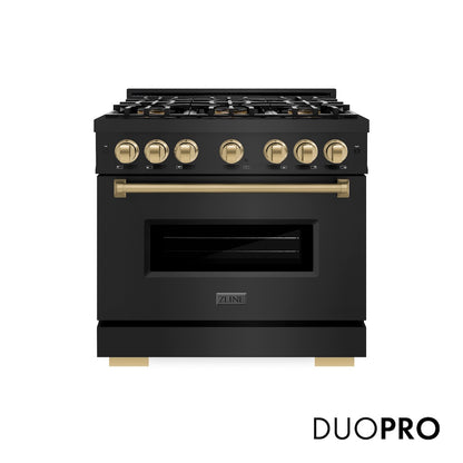ZLINE Autograph Edition 36 in. 5.2 cu. ft. Classic Dual Fuel Range with 6 Burner DuoPro™ Cooktop and Electric Convection Oven in Black Stainless Steel and Champagne Bronze Accents, Open Box-Great Condition