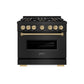 ZLINE Autograph Edition 36 in. 5.2 cu. ft. Classic Dual Fuel Range with 6 Burner DuoPro™ Cooktop and Electric Convection Oven in Black Stainless Steel and Champagne Bronze Accents (PCDRBZ-36-CB) front, oven closed.